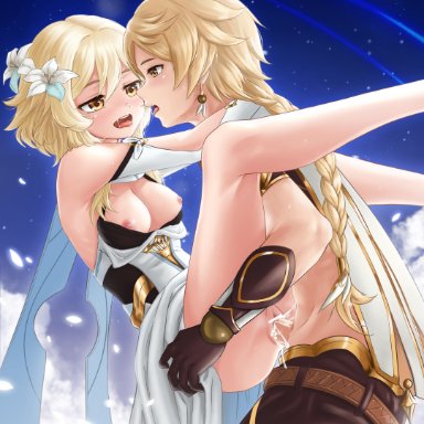 aether (genshin impact), breasts, brother and sister, censored, chernyyvo, cum, cum in pussy, dress, genshin impact, incest, lumine (genshin impact), nipples, no bra, nopan, open shirt