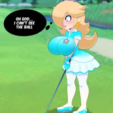 1girls, bimbo, breasts, cleavage, female, female only, huge breasts, inconvenient breasts, mario (series), mario golf, nintendo, princess rosalina, solo, somescrub