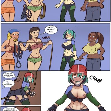 abs, big breasts, blush, comic, english text, exposed breasts, female, goth, gwen (tdi), heather (tdi), leshawna (tdi), lindsay (total drama), markydaysaid, midriff, nipple piercing