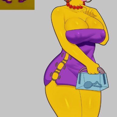 1girls, big breasts, blue hair, cleavage, clothed, coldarsenal, collar, earrings, erect nipples under clothes, high heels, lipstick, long hair, looking down, marge simpson, mature female