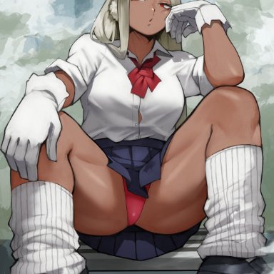 1girls, animal ears, bunny ears, bunny tail, dark-skinned female, dark skin, female, female only, large breasts, loafers, looking at viewer, miruko, my hero academia, nipples visible through clothing, open mouth