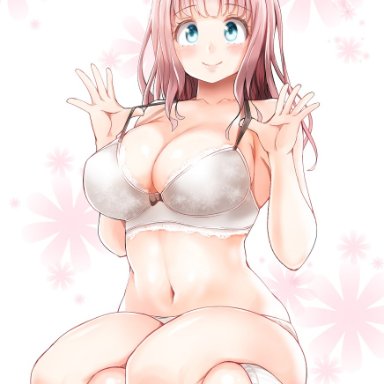 1girls, ashiashi, bangs, big breasts, blue eyes, bra, cleavage, clothed, cute, cute face, fujiwara chika, hairbow, kaguya-sama wa kokurasetai ~tensai-tachi no renai zunousen~, lace-trimmed bra, legs