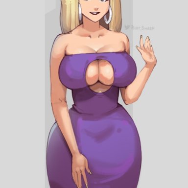 1girls, blonde hair, breast squish, breasts, cleavage, cleavage cutout, curvaceous, curvy, curvy figure, dress, ear piercing, earrings, female, female focus, female only