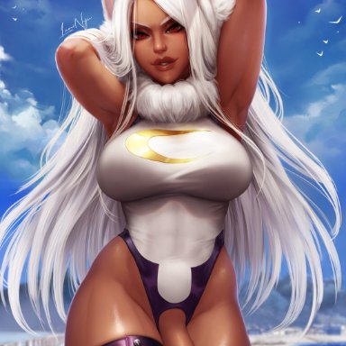 1futa, abs, absurd res, absurdres, armpits, arms behind back, arms up, big breasts, big penis, brown body, brown skin, bunny, bunny ear, bunny ears, bunny girl