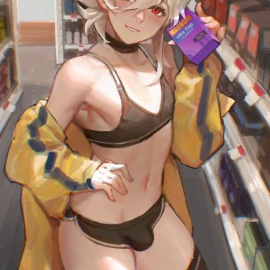 1boy, armpits, bare midriff, bare thighs, bedroom eyes, booty shorts, bulge, condom, condom box, convenience store, corrin (fire emblem), corrin (fire emblem) (male), english text, femboy, fire emblem