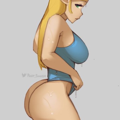 1futa, ass, ass focus, blonde hair, blue eyes, dripping wet, female, female focus, female only, huge ass, humanoid, looking at viewer, phat smash, pointy ears, princess zelda