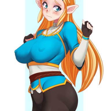 1girls, big breasts, blonde hair, blue eyes, blush, breasts, curvy figure, female, fully clothed, leggings, nintendo, nipple bulge, pointy ears, princess zelda, solo