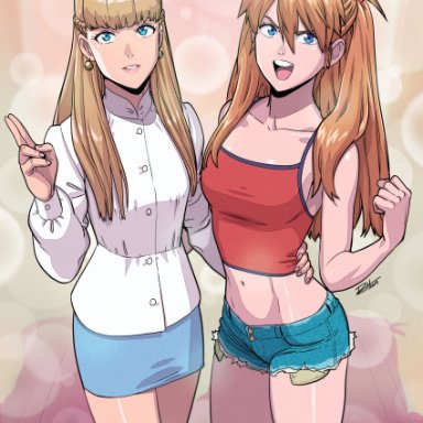 2girls, absurdres, arm around waist, bangs, bare shoulders, blonde hair, blue eyes, blue skirt, braid, breasts, brown hair, character name, collarbone, cowboy shot, crossover