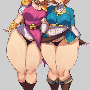 2girls, a link between worlds, absurd res, bangs, black panties, black underwear, blue eyes, breasts, breath of the wild, breath of the wild 2, brown gloves, circlet, female, female only, fingerless gloves