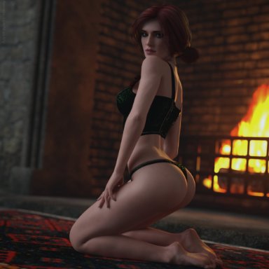 1girls, 3d, 3d (artwork), ass, barefoot, cd projekt red, corset, dat ass, daz studio, feet, female, female only, green eyes, green lingerie, kneeling