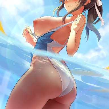 1girls, alternate version available, areolae, arm behind back, ass, back, backless outfit, backless swimsuit, beach, big ass, big butt, big thighs, blue eyes, blue sky, blush