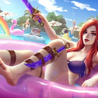 bikini, facial scar, feet, foot fetish, katarina (league of legends), katarina du couteau, knife, league of legends, pool party, pool party katarina, pool party series, red hair, scar, swimsuit, water