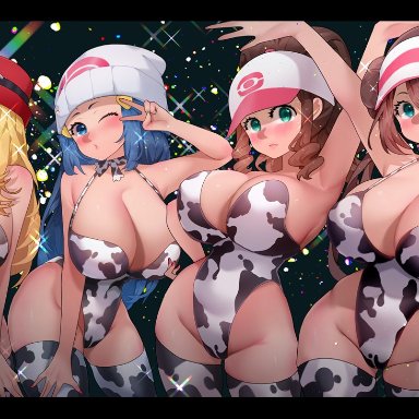 4girls, big breasts, blue eyes, blush, breasts, cap, cow bikini, cow print, cow print bikini, dawn (pokemon), eye contact, female, hat, hilda (pokemon), huge breasts