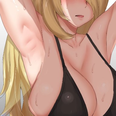 1girls, armpits, big breasts, blonde hair, blush, breasts, cynthia (pokemon), female, grey eyes, hair ornament, huge breasts, large breasts, long hair, mana nzmr, nintendo