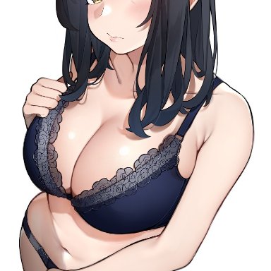 bangs, bare arms, bare shoulders, black hair, blue bra, blue panties, blush, bra, breasts, cleavage, closed mouth, collarbone, commentary request, cowboy shot, eyebrows visible through hair