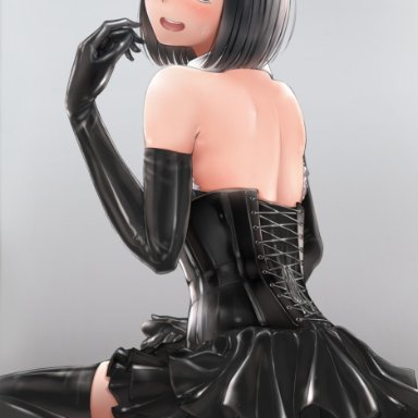 1boy, ameya, back, backless outfit, bangs, black dress, black footwear, black gloves, black hair, black legwear, blush, commentary request, corset, covered penis, detached collar