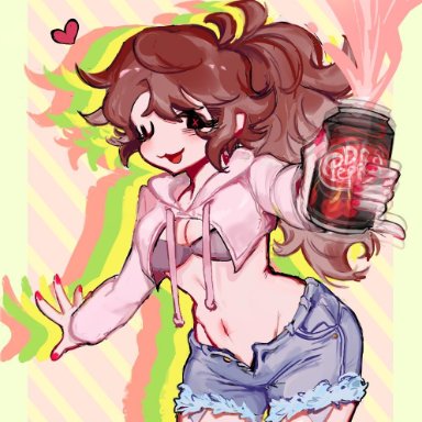 2021, 2d, background, belly, belly button, black eyes, bra, breasts, brown hair, dr pepper, dtiys, eyelashes, eyelashes visible through hair, flushed, friday night funkin