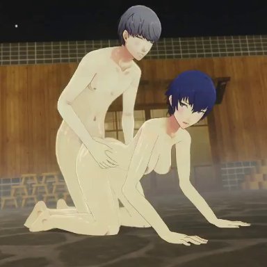 1boy, 1girl, 3d, all fours, animated, ass, bathhouse, birthday, blue eyes, blue hair, bouncing breasts, breasts, bunnxarts, doggy style, doggystyle