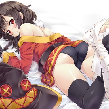 bed, bedroom, black panties, black thighhighs, brown hair, feet, feet up, flushed, foot, foot fetish, gloves, kono subarashii sekai ni shukufuku wo!, looking back, megumin, red eyes