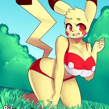ass, big ass, blonde hair, bra, breast focus, breasts, breasts bigger than head, colored pupils, female, female only, furry, furry only, game freak, gameplay mechanics, grass