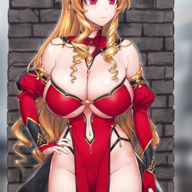 absurdres, bangs, bare shoulders, blonde hair, blush, breasts, cain (gunnermul), choker, cleavage, closed mouth, detached collar, detached sleeves, dress, drill hair, hand on hip