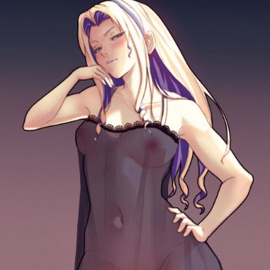 1girls, bare arms, bare shoulders, blonde hair, blush, collarbone, colored inner hair, constance von nuvelle, fire emblem, fire emblem: three houses, lingerie, long hair, looking at viewer, medium breasts, multicolored hair