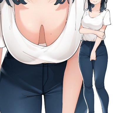 black footwear, black hair, blue pants, blush, breasts, breasts apart, brown eyes, close-up, collarbone, downblouse, eyebrows visible through hair, female, hand on own arm, large breasts, long hair