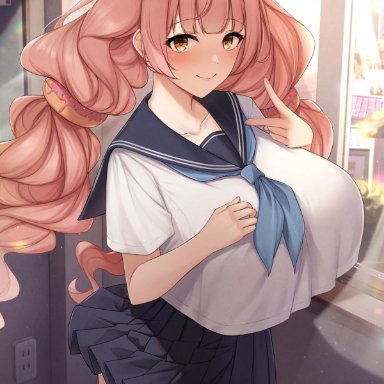 artist request, bangs, big breasts, blush, character request, collarbone, copyright request, day, doughnut, hair ornament, hairclip, hand on breast, huge breasts, large breasts, long hair