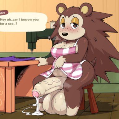 1futa, animal crossing, animal crossing new horizons, apron, apron lift, balls, balls on ground, big breasts, blush, breasts, brown eyes, brown fur, checkered, checkered apron, checkered topwear