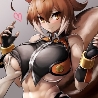 1boy, 1girls, abs, ahoge, animal ears, arc system works, blazblue, breast grab, brown hair, double ahoge, large breasts, makoto nanaya, muscular, muscular female, short hair