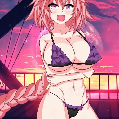 1girls, astolfo (fate), big breasts, braided hair, breasts, eye contact, fate/grand order, fate (series), female, genderswap, huge breasts, large breasts, looking at viewer, pink hair, raydonxd