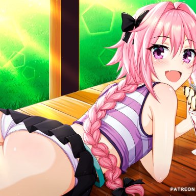 1boy, ass, astolfo (fate), braided hair, crossdressing, eye contact, fate/grand order, fate (series), femboy, ice cream, looking at viewer, male, meru rumi, panties, pink eyes