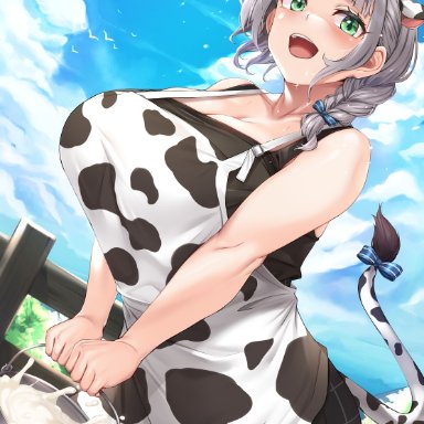 apron, busty, cleavage, cow ears, cow horns, cow print, cow print apron, cow tail, hololive, hucow, looking at viewer, milk, moisture (chichi), mouth open, open mouth