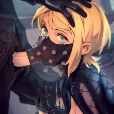 1boy, 1girls, areolae, blonde hair, blowjob, blue eyes, breasts, erection, fellatio, fellatio under veil, female, female focus, highres, mask, nier