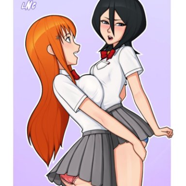 2girls, ass, black hair, bleach, blush, bowtie, breast size difference, breast to breast, clothed, female, female only, hands on ass, held up, inoue orihime, kuchiki rukia