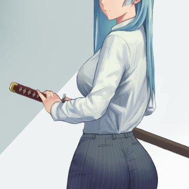 1girls, big ass, blouse, blue hair, bubble butt, fully clothed, jujutsu kaisen, kasumi miwa, katana, long hair, sword, zefra bleu