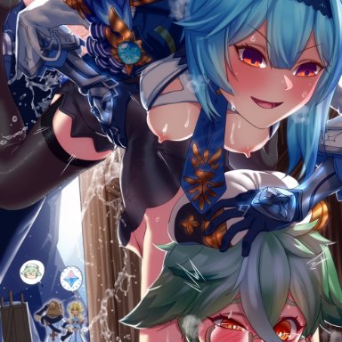 1futa, 1girls, ahe gao, alley, animal ears , areolae, big breasts, blue hair, breasts, clothed, clothing, cstx, duo focus, eula (genshin impact), female