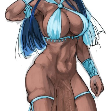 1futa, abs, ankoku d, arabian moon, armlet, artist request, balls, big penis, blue clothing, bottomless, breasts, brown eyes, brown penis, brown skin, casual exposure