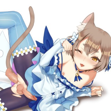 2boys, anal, anal sex, animal ears, balls, blush, cat ears, clothed male nude male, cute, disembodied penis, felix argyle, femboy, girly, high resolution, male