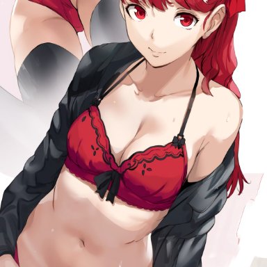 absurd res, belly, big breasts, bra, hews hack, hi res, highres, kasumi yoshizawa, looking at viewer, panties, persona, persona 5, persona 5 royal, red bra, red eyes