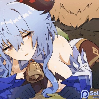 animated, big breasts, blue hair, doggy style, ganyu (genshin impact), genshin impact, hilichurls (species), horn, long hair, sollyz