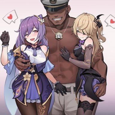 1boy, 2girls, blonde hair, blush, breast grab, breasts, crossover, dark-skinned male, fischl (genshin impact), genshin impact, heart, honkai impact 3rd, keqing (genshin impact), lingerie, necklace