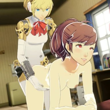 2girls, aigis, animated, blonde hair, blue eyes, blush, blushing, bow, breasts, bunnxarts, doggy style, doggystyle, eyes rolling back, female, human