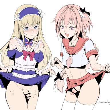 2017, 2boys, astolfo (fate), bare shoulders, blonde hair, censored, censored penis, chevalier d'eon (fate), closed mouth, crossdressing, embarrassed, eyebrows visible through hair, fang, fate/grand order, fate (series)
