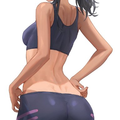 1girls, 2021, alternate hairstyle, arched back, armpit crease, ass, ass cleavage, ass focus, ass shot, back, bike shorts, black hair, blush, breasts, brown eyes