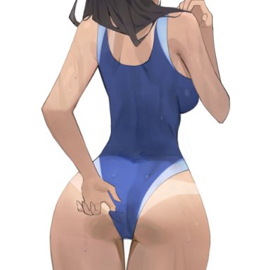 1girls, 2021, armpit crease, ass, ass cheeks, ass focus, ass shot, back, back view, backboob, black hair, blue swimsuit, blush, breasts, brown eyes