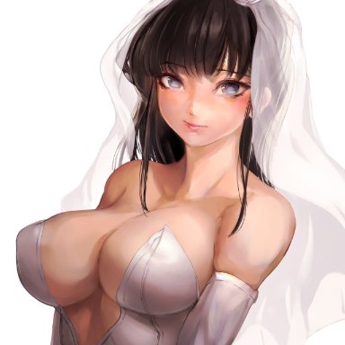 black hair, clothed female, clothing, dress, komi-san wa komyushou desu, komi shouko, long hair, looking at viewer, mamimi (artist), no bra, open mouth, pov, purple eyes, wedding dress