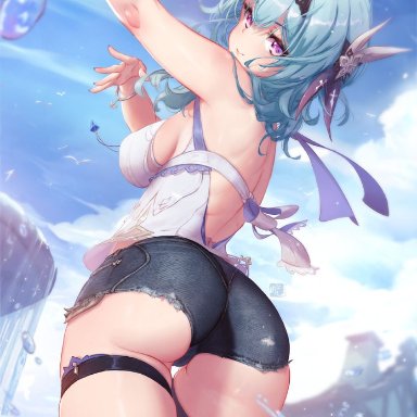 arm up, ass, backless outfit, bangs, bare arms, black hairband, blue hair, blue nails, blue shorts, blue sky, blurry, blurry background, breasts, closed mouth, commentary
