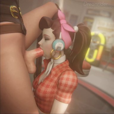 1futa, 1girls, 3d, alternate costume, animated, ascot, ashe (overwatch), big penis, blender, closed eyes, cruiser d.va, d.va, dreamrider, earrings, fellatio