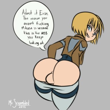 androgynous, armin arlert, ass, attack on titan, femboy, girly, looking back, mrscrambled, pants down, solo, text, trap